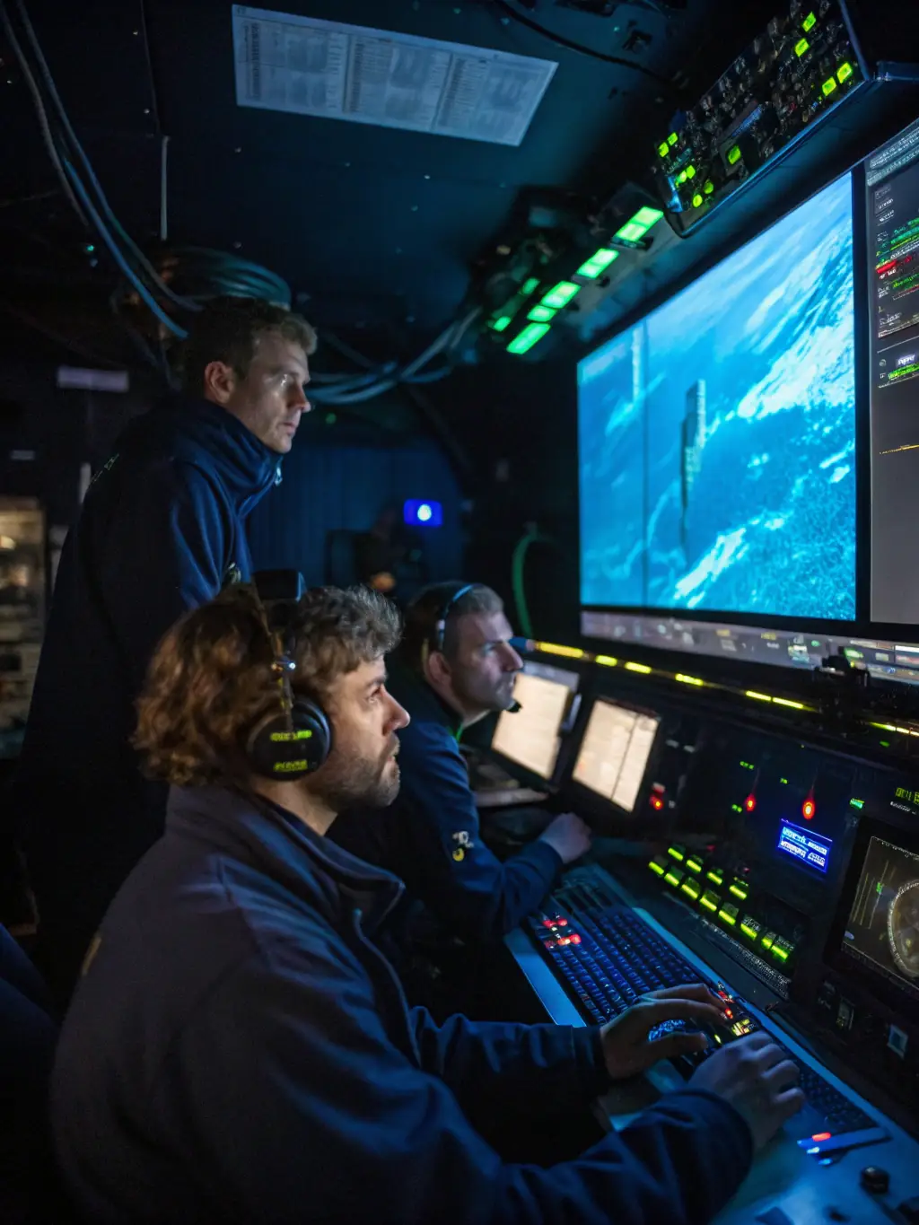 An image of a team of OceanRescue professionals monitoring data from a robotic submarine in real-time, showcasing their expertise and coordination.