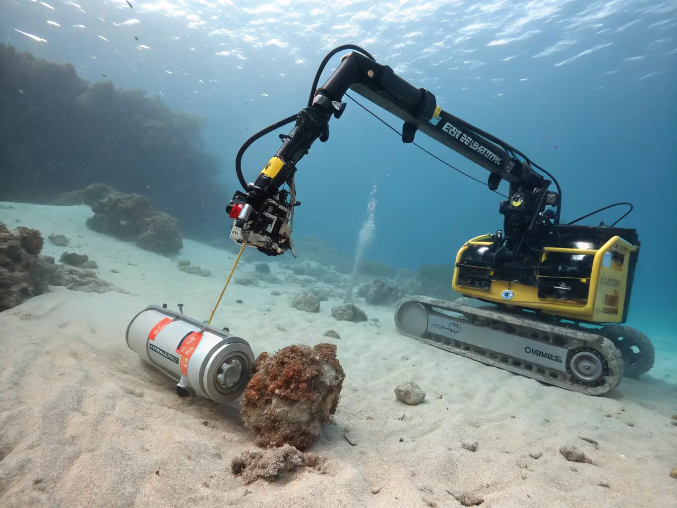 An image of OceanRescue's precision recovery ROV carefully retrieving a delicate object from the seabed, showcasing its advanced manipulation capabilities.