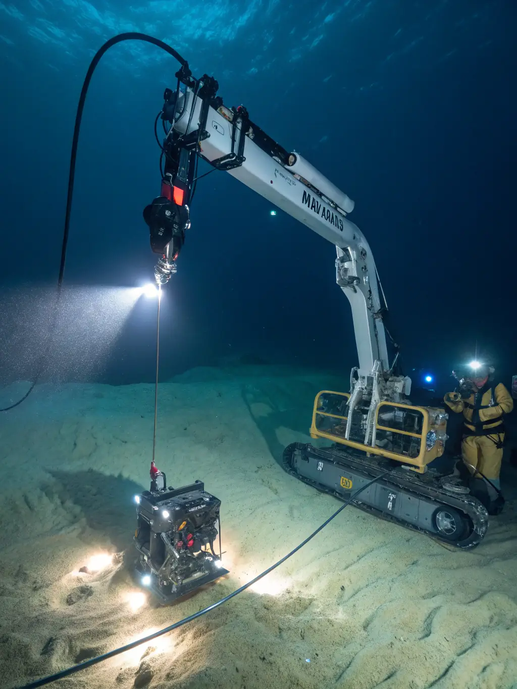 A detailed image of a robotic arm carefully retrieving an object from the seabed, demonstrating the precision and control of OceanRescue's technology.