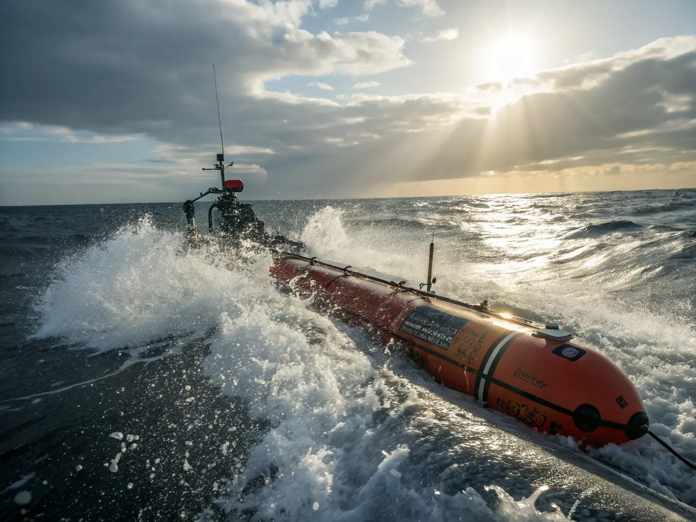 A detailed image showcasing OceanRescue's rapid deployment AUV, highlighting its speed and agility in reaching remote locations.