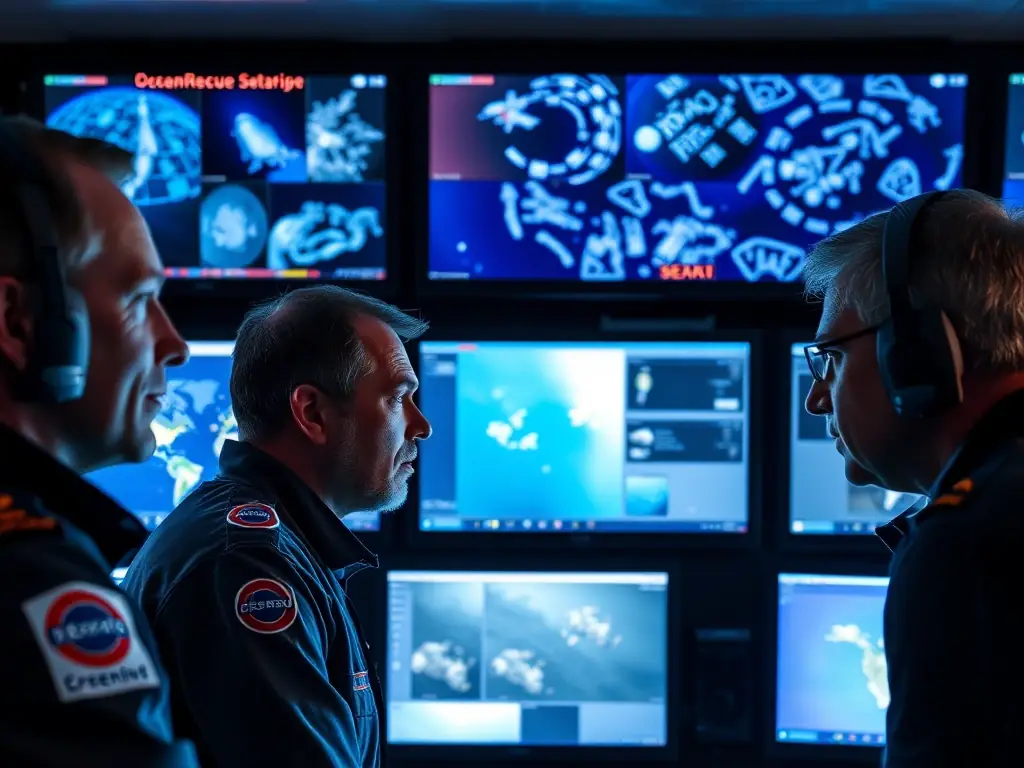 An image showing a team of OceanRescue specialists monitoring data from a search operation in real-time. The scene should convey a sense of urgency and precision, with multiple screens displaying sonar readings and video feeds.