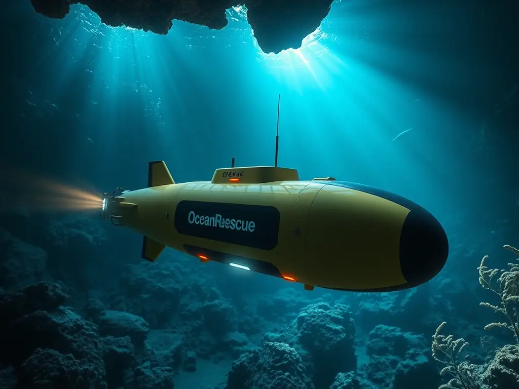 A high-resolution image depicting an OceanRescue robotic submarine navigating through a complex underwater environment, searching for a lost object. The lighting should be dramatic, highlighting the clarity and capabilities of the robot's sensors.