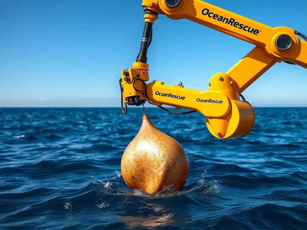 A visually striking image of a recovered item being brought to the surface by an OceanRescue robotic arm. The item should be well-preserved, showcasing the care and precision of the recovery process.