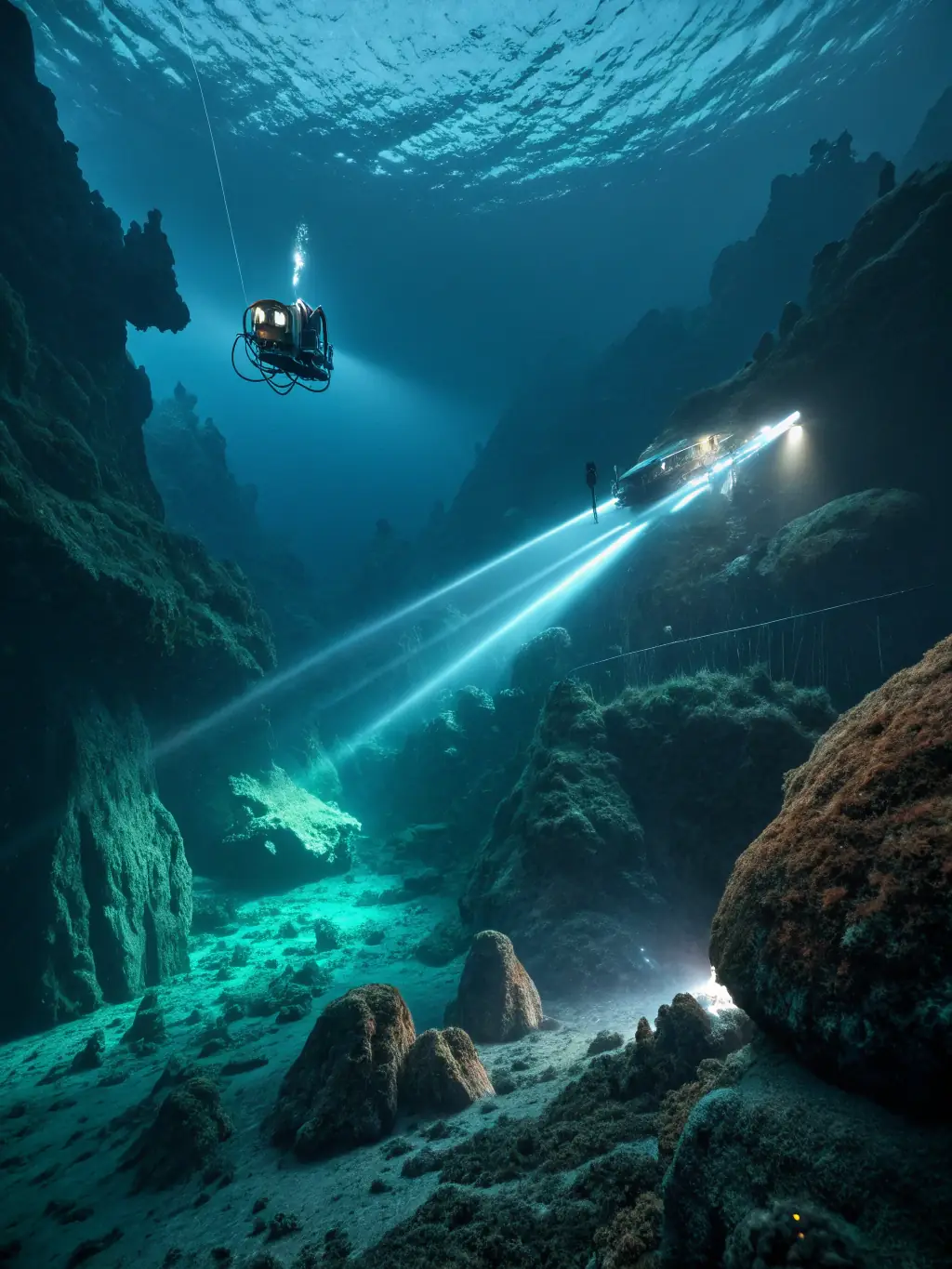 A high-resolution image depicting a robotic submarine navigating through murky ocean waters during a search and rescue operation, with a focus on its advanced sonar technology.
