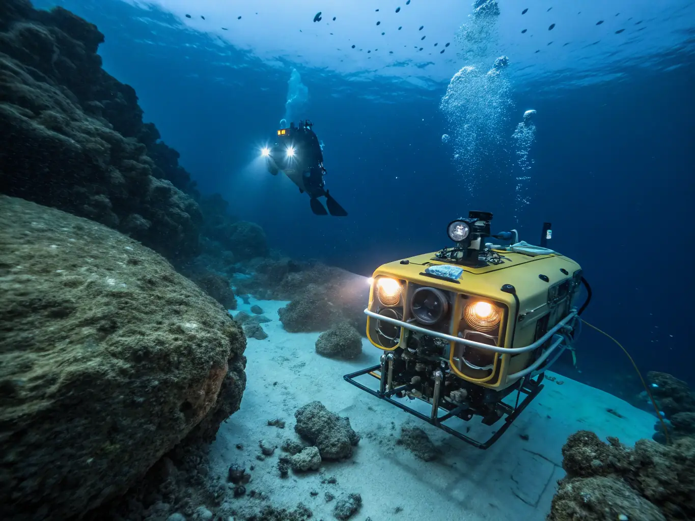 A high-resolution image depicting OceanRescue's deep-sea exploration ROV navigating through a complex underwater environment, searching for wreckage.